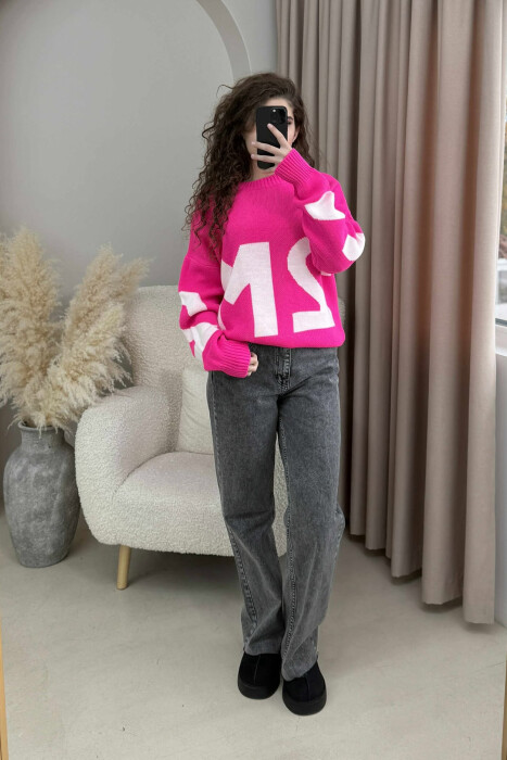 2M FRONT WRITTING KNITTED WOMEN SWEATER FUCHSIA/CIKLAMI 