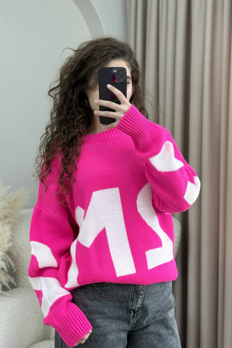 2M FRONT WRITTING KNITTED WOMEN SWEATER FUCHSIA/CIKLAMI - 3