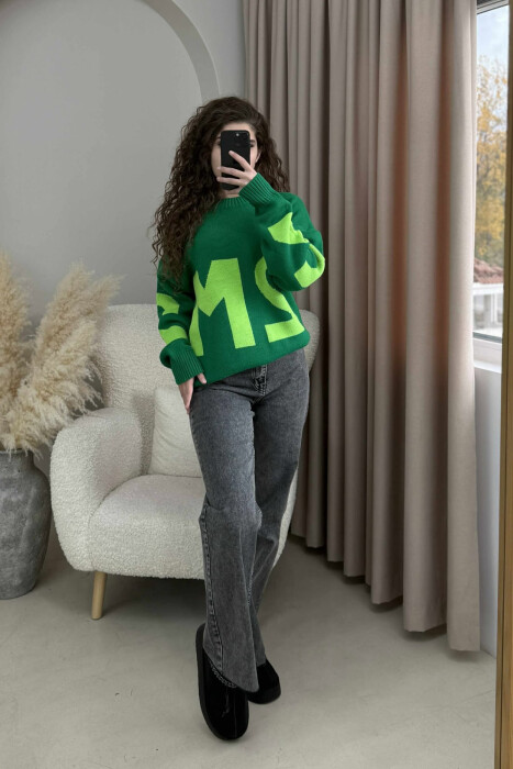 2M FRONT WRITTING KNITTED WOMEN SWEATER GREEN/JESHILE 