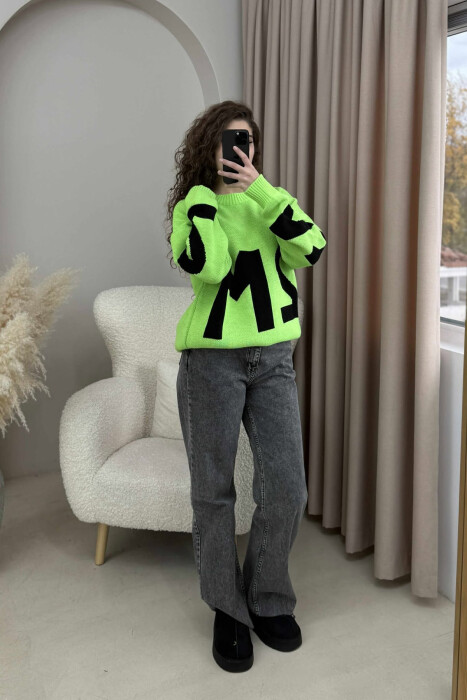 2M FRONT WRITTING KNITTED WOMEN SWEATER LIGHT GREEN/JEZB - 1