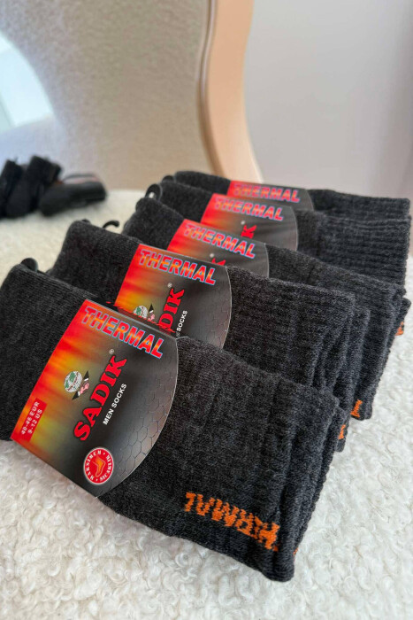 6 PAIR THERMAL MEN CREW SOCKS DARK GREY/GEE - 5