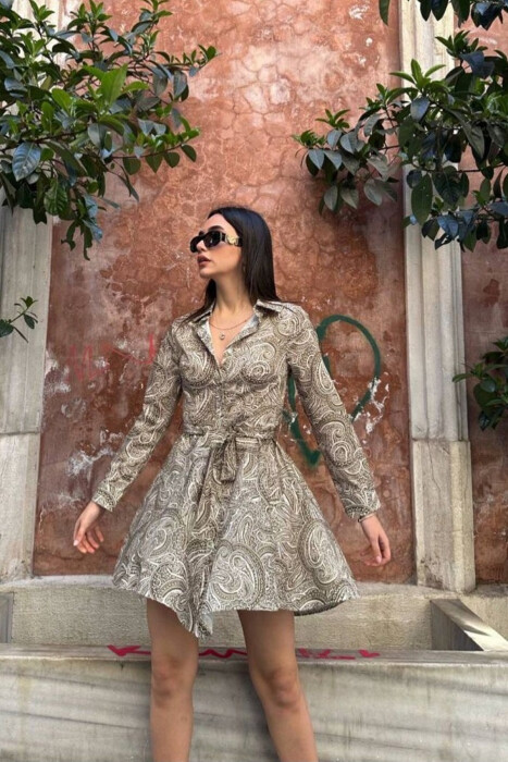 ABSTRACT DESIGN LONG SLEEVE WOMEN DRESS OLIVE/ULLI - KLAUDIO FASHION