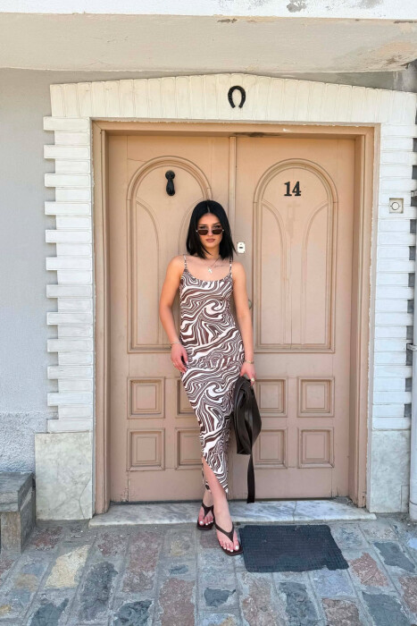 ABSTRACT LINES SIDE LACE-UP SLEEVELESS WOMAN DRESS BROWN/KAFE - KLAUDIO FASHION