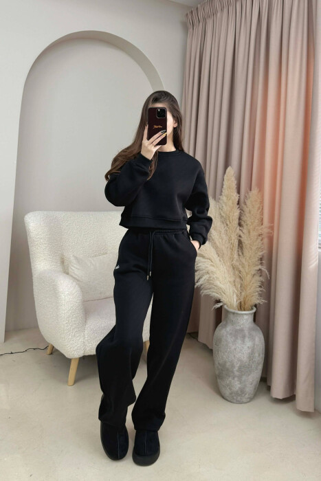 ALO CROPPED SWEATSHIRT+SWEATPANTS FLUFFY WOMEN SET BLACK/ E ZEZE 