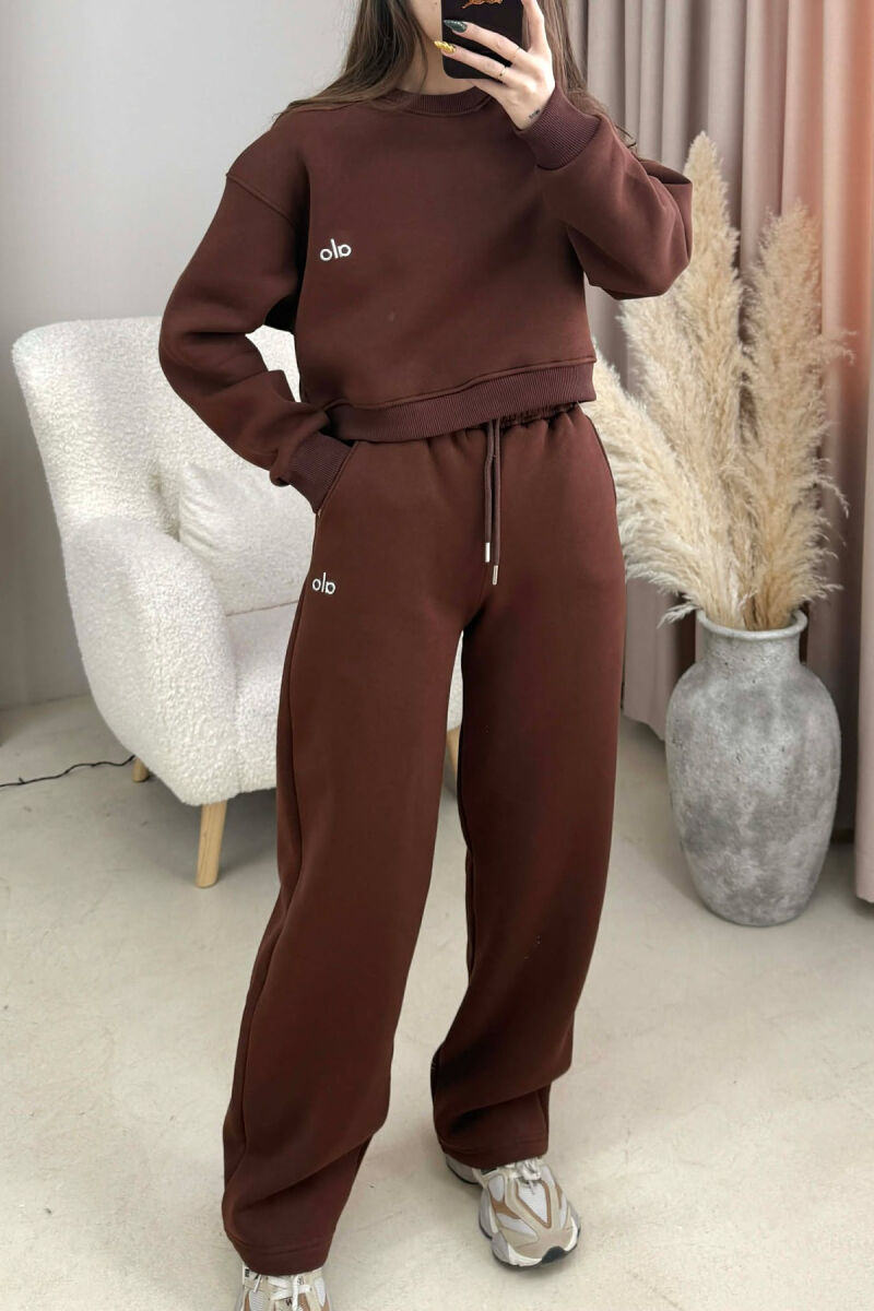 ALO CROPPED SWEATSHIRT+SWEATPANTS FLUFFY WOMEN SET BROWN/KAFE - 4