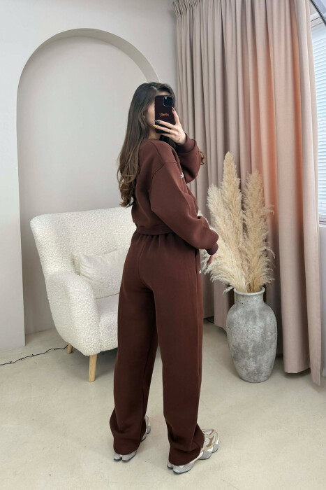ALO CROPPED SWEATSHIRT+SWEATPANTS FLUFFY WOMEN SET BROWN/KAFE - 3