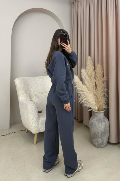 ALO CROPPED SWEATSHIRT+SWEATPANTS FLUFFY WOMEN SET DARK GREY/GEE - 2