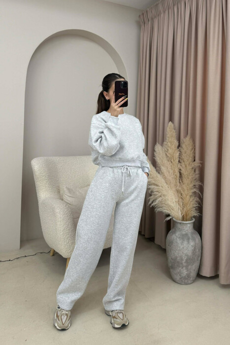 ALO CROPPED SWEATSHIRT+SWEATPANTS FLUFFY WOMEN SET LIGHT GREY/GZ - 2