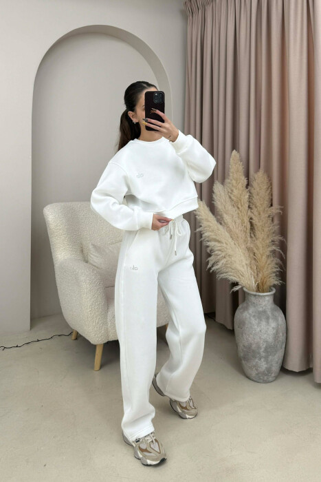ALO CROPPED SWEATSHIRT+SWEATPANTS FLUFFY WOMEN SET WHITE-E BARDHE 