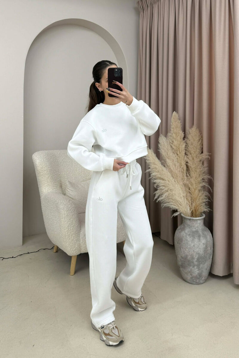ALO CROPPED SWEATSHIRT+SWEATPANTS FLUFFY WOMEN SET WHITE-E BARDHE - 1