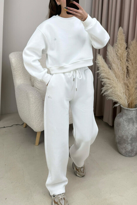 ALO CROPPED SWEATSHIRT+SWEATPANTS FLUFFY WOMEN SET WHITE-E BARDHE - 4