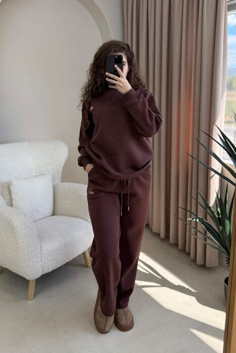 ALO SWEATSHIRT+SWEATPANTS FLUFFY WOMEN SET BROWN/KAFE - KLAUDIO FASHION