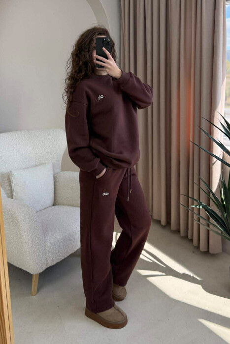 ALO SWEATSHIRT+SWEATPANTS FLUFFY WOMEN SET BROWN/KAFE - 2