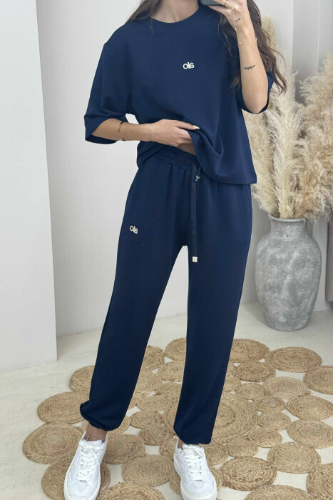 ALO WRITTING T-SHIRT+JOGGERS WOMEN SET DARK BLUE/BEE - 2