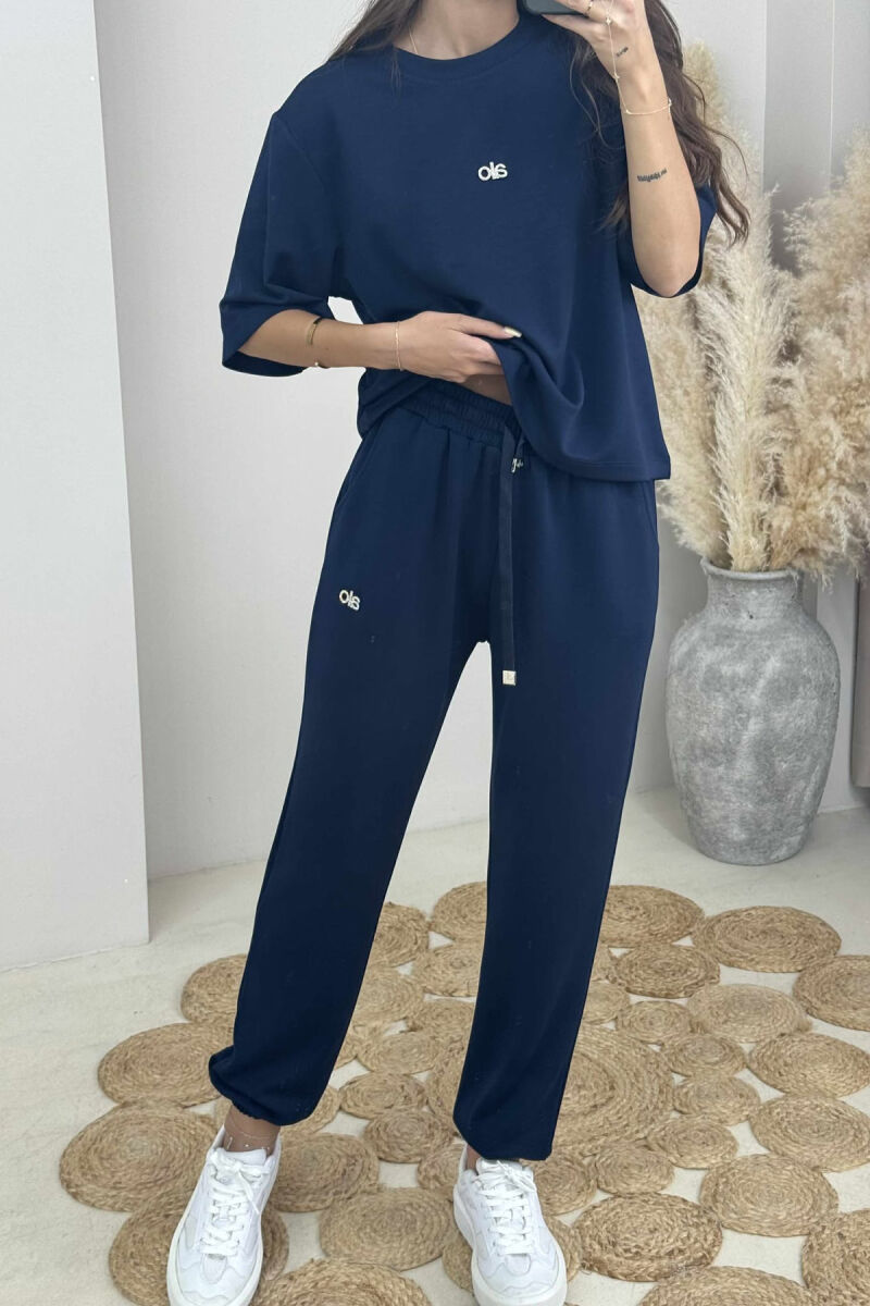 ALO WRITTING T-SHIRT+JOGGERS WOMEN SET DARK BLUE/BEE - 2