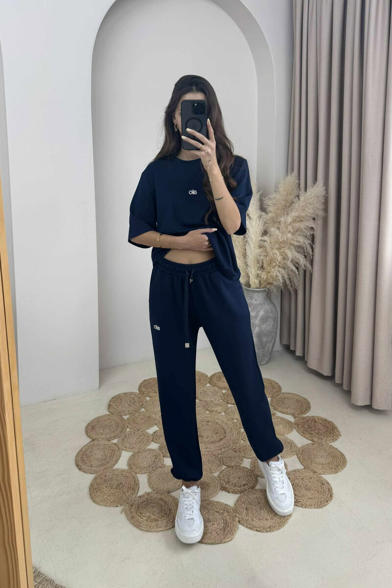 ALO WRITTING T-SHIRT+JOGGERS WOMEN SET DARK BLUE/BEE - 4