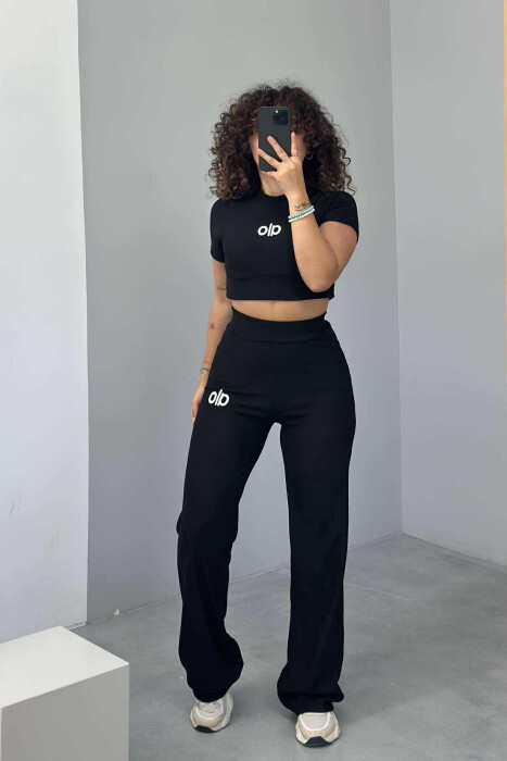 ALO WRITTING T-SHIRT+TROUSERS WOMEN SET BLACK/ E ZEZE 