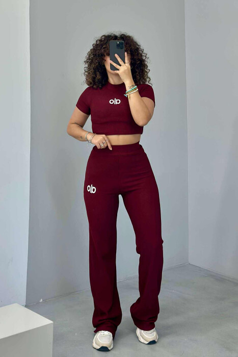 ALO WRITTING T-SHIRT+TROUSERS WOMEN SET BURGUNDY/VISHNJE 