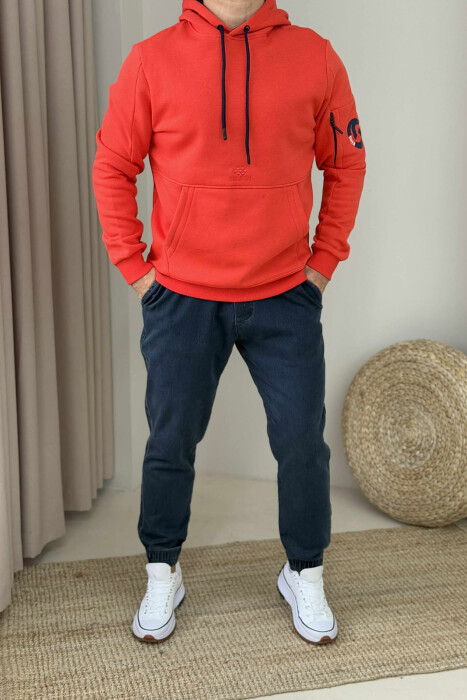 ARM POCKET DETAIL FLUFFY MEN HOODIE ORANGE/PORTOKALLI - 2