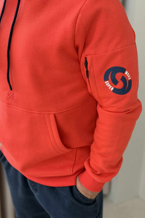 ARM POCKET DETAIL FLUFFY MEN HOODIE ORANGE/PORTOKALLI - 3