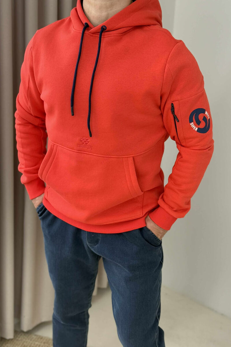 ARM POCKET DETAIL FLUFFY MEN HOODIE ORANGE/PORTOKALLI - 4