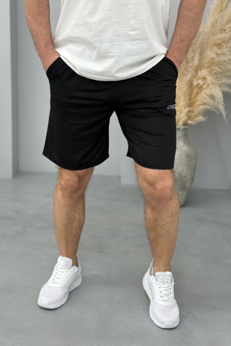 ATHLETIC WRITTING ONE COLOR MEN SHORT SWEATPANTS BLACK/ E ZEZE - KLAUDIO FASHION