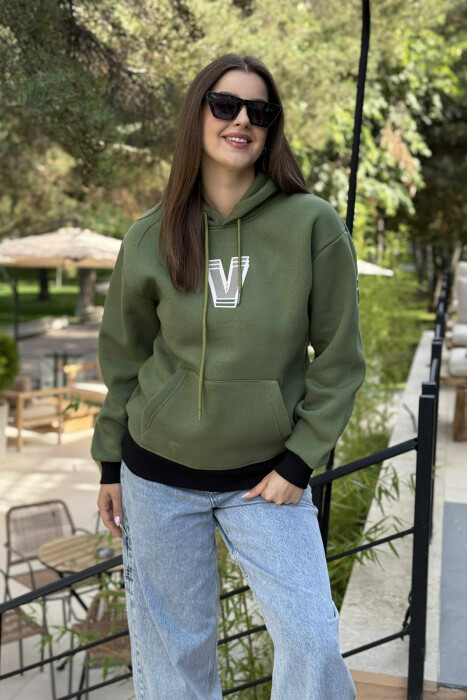 BACK WRITTING FLUFFY WOMEN HOODIE BLACK-GREEN/ZEJE 