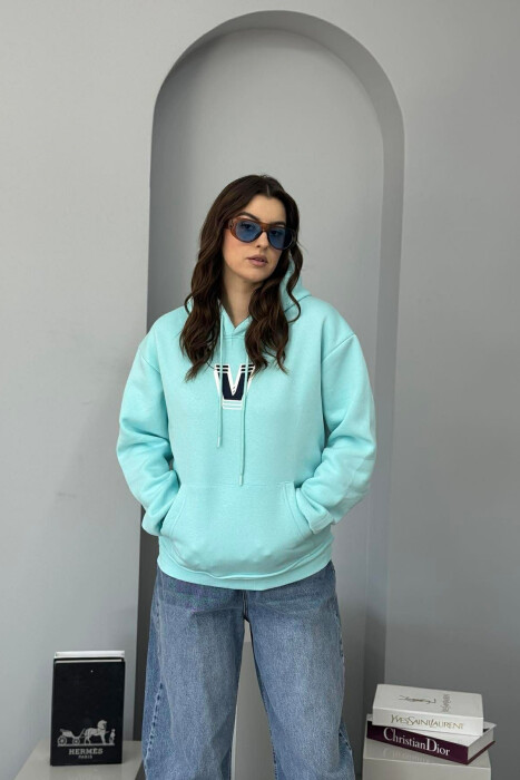 BACK WRITTING FLUFFY WOMEN HOODIE BLUE-MINT/BLME - 