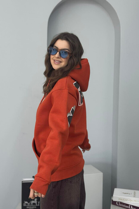 BACK WRITTING FLUFFY WOMEN HOODIE ORANGE/PORTOKALLI 