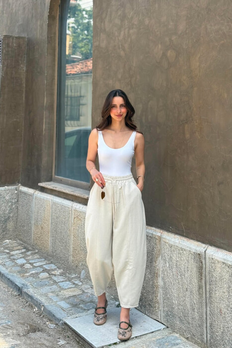 BALLON ONE COLOR WOMAN TROUSERS CREAM/KREM - KLAUDIO FASHION