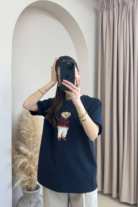 BEAR IMAGE ONE COLOR WOMEN T-SHIRT DARK BLUE/BEE 