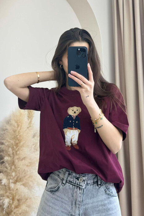 BEAR IMAGE ONE COLOR WOMEN T-SHIRT BURGUNDY/VISHNJE - 5