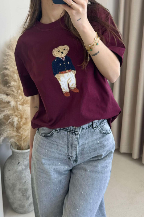 BEAR IMAGE ONE COLOR WOMEN T-SHIRT BURGUNDY/VISHNJE - 7