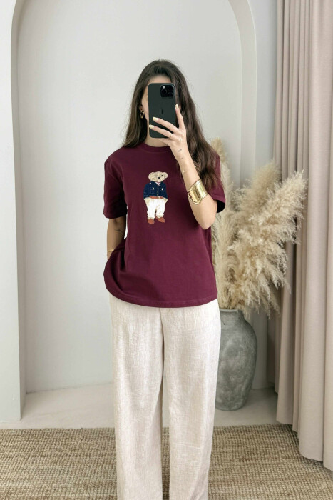 BEAR IMAGE ONE COLOR WOMEN T-SHIRT BURGUNDY/VISHNJE - 1