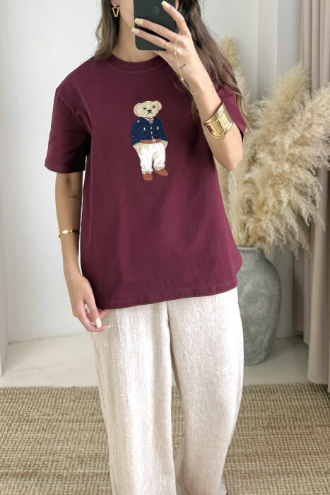 BEAR IMAGE ONE COLOR WOMEN T-SHIRT BURGUNDY/VISHNJE - 2
