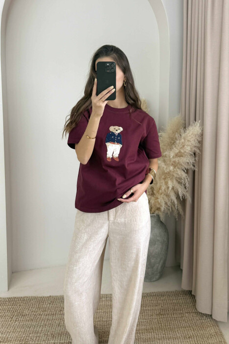 BEAR IMAGE ONE COLOR WOMEN T-SHIRT BURGUNDY/VISHNJE - 4