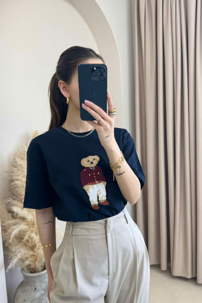 BEAR IMAGE ONE COLOR WOMEN T-SHIRT DARK BLUE/BEE - 3