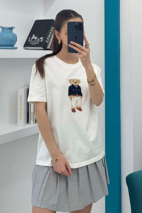 BEAR IMAGE ONE COLOR WOMEN T-SHIRT WHITE-E BARDHE - 2