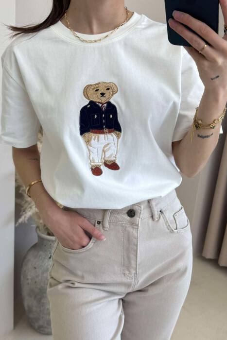 BEAR IMAGE ONE COLOR WOMEN T-SHIRT WHITE-E BARDHE - 5