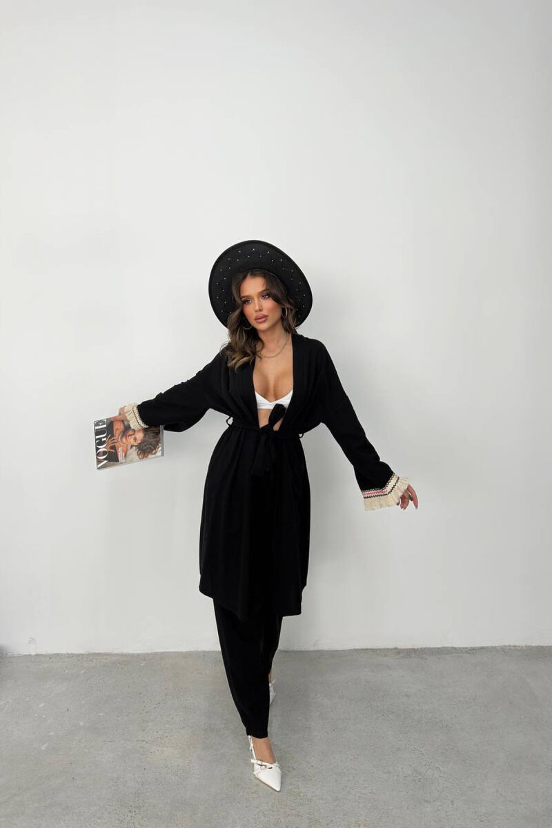 BELT DETAIL CARDIGAN + ELASTIC WAIST WOMAN TWO PIECE SET BLACK/ E ZEZE - 1