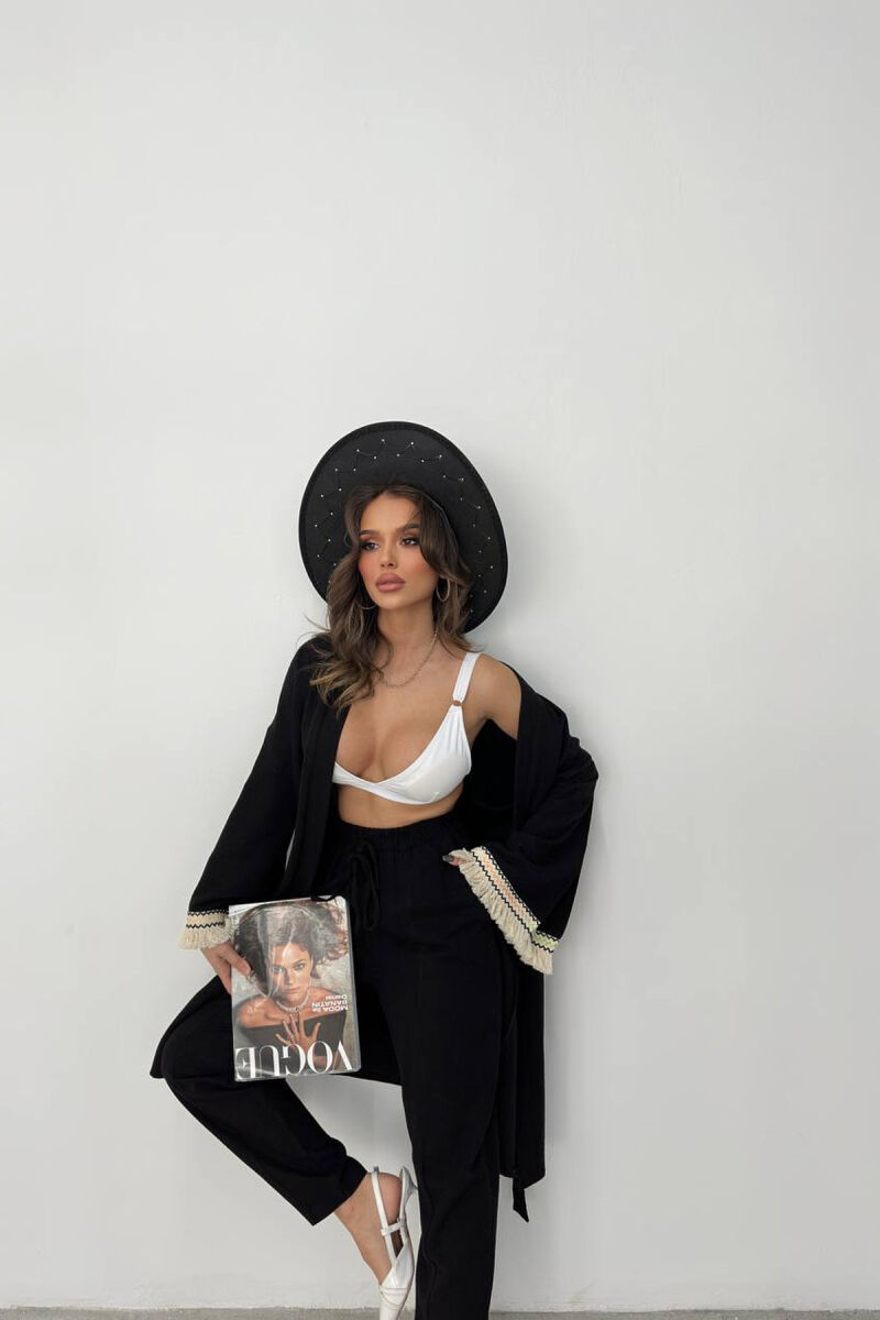 BELT DETAIL CARDIGAN + ELASTIC WAIST WOMAN TWO PIECE SET BLACK/ E ZEZE - 2