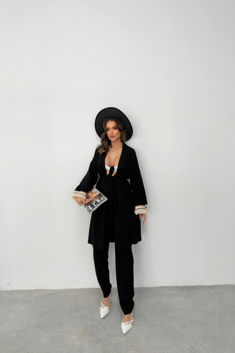 BELT DETAIL CARDIGAN + ELASTIC WAIST WOMAN TWO PIECE SET BLACK/ E ZEZE - 3