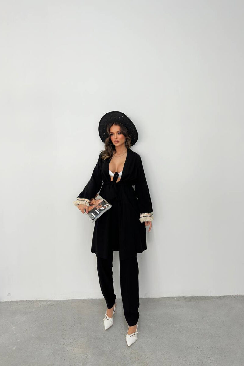 BELT DETAIL CARDIGAN + ELASTIC WAIST WOMAN TWO PIECE SET BLACK/ E ZEZE - 3