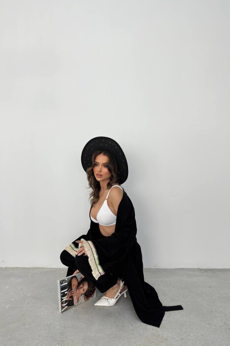 BELT DETAIL CARDIGAN + ELASTIC WAIST WOMAN TWO PIECE SET BLACK/ E ZEZE - 4