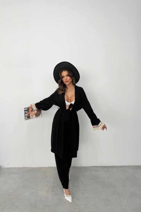 BELT DETAIL CARDIGAN + ELASTIC WAIST WOMAN TWO PIECE SET BLACK/ E ZEZE 