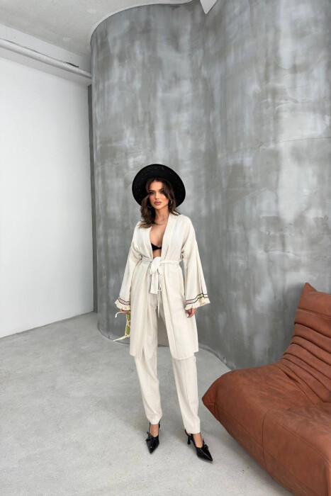 BELT DETAIL CARDIGAN + ELASTIC WAIST WOMAN TWO PIECE SET CREAM/KREM - KLAUDIO FASHION