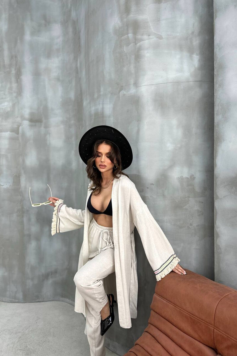 BELT DETAIL CARDIGAN + ELASTIC WAIST WOMAN TWO PIECE SET CREAM/KREM - 2