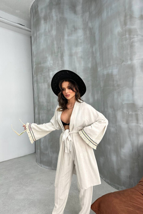 BELT DETAIL CARDIGAN + ELASTIC WAIST WOMAN TWO PIECE SET CREAM/KREM - 3