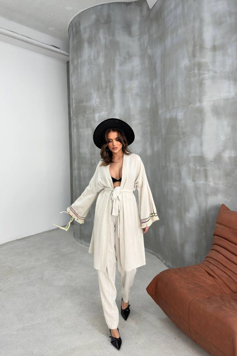 BELT DETAIL CARDIGAN + ELASTIC WAIST WOMAN TWO PIECE SET CREAM/KREM - 4