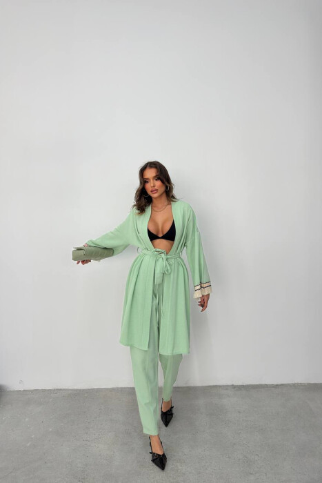 BELT DETAIL CARDIGAN + ELASTIC WAIST WOMAN TWO PIECE SET MINT/MENTE 